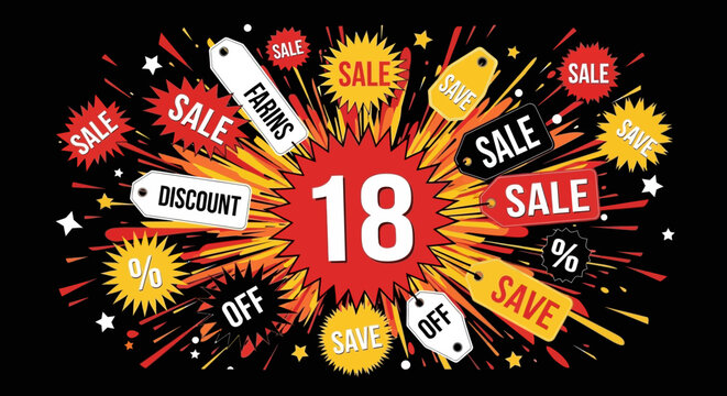 Explosion of Sale Tags with Number 18, Discount, Off, Save Percentages