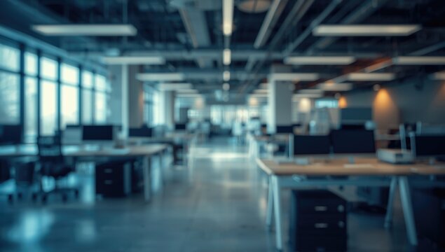 Blurred Modern Open Office Space Functional Background, Digital Integration, Soft Focus