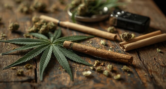 Cannabis leaf and joint on rustic wooden table with fresh buds and rolling papers for a genuine smoking session