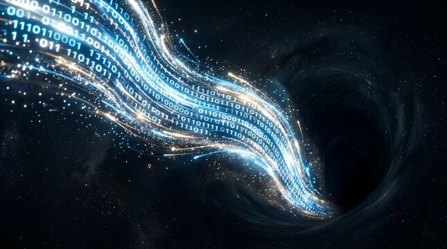 Digital Data Stream Entering Black Hole, Binary Code Flowing into Space Anomaly