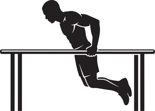 Black and white silhouette of a muscular man performing dips on parallel bars with exercise