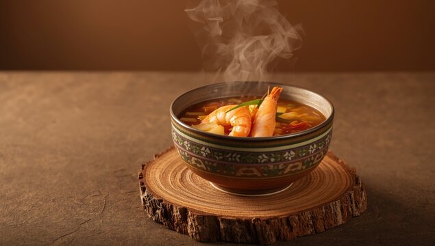 Bowl of traditional Obe Ila Alasepo shrimp soup on hand crafted wooden surface