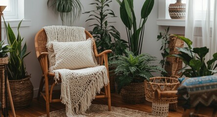 Obraz premium Bohemian style living room featuring white crocheted throw on wooden armchair with lush houseplants and wicker basket cushion decor