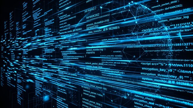 Abstract Blue Digital Data Stream with Code and Network Connections