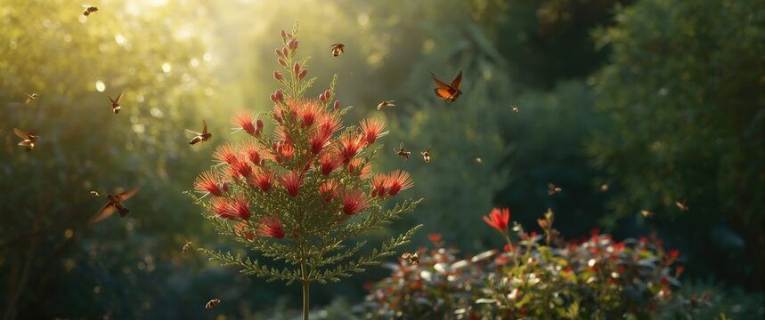 Callistemon shrub vibrant red flowers attract native birds and honey bees during spring nectar feast