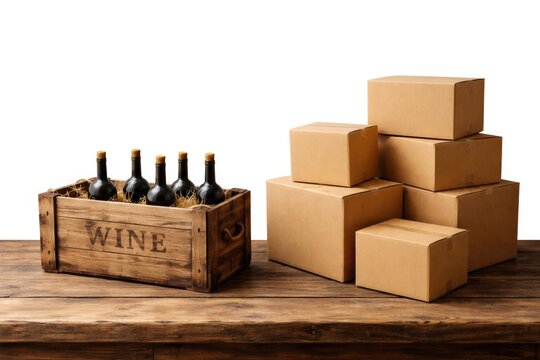 Retro wine crate and new unlabeled cardboard boxes displayed on rustic brown wooden table isolated on white with copy space for text