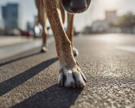 a dog steps on hot asphalt in summer