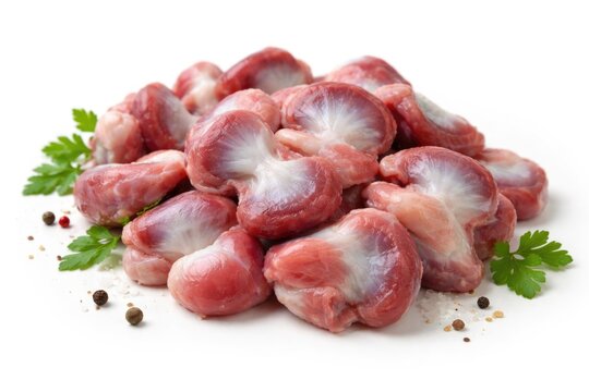 Chicken gizzards raw and ready placed on white background with ample copy space