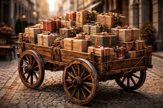 Wooden cart transporting an array of gift parcels
