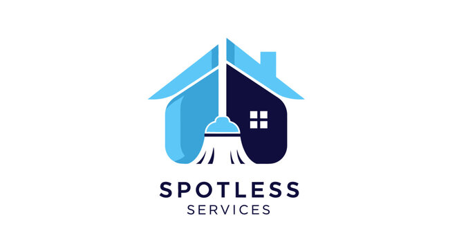 Cleaning Services Logo Features a House with Broom and Mop