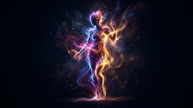 Abstract Human Energy Form Dancing with Cosmic Light and Smoke