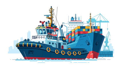 Maritime Logistics: A powerful tugboat navigates the choppy waters alongside a massive cargo ship laden with containers, with cranes visible in the industrial port backdrop. © abidakhatun