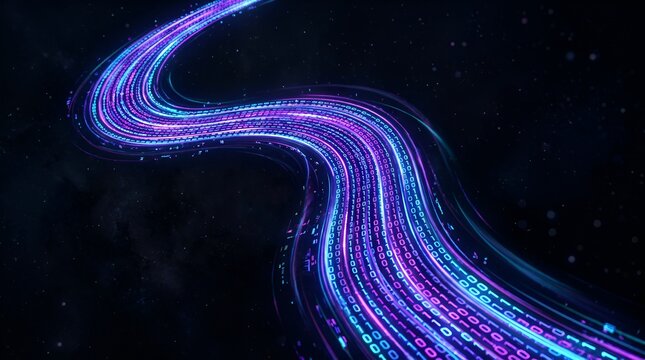 Abstract Digital Stream: Blue and Purple Light Trails with Binary Code