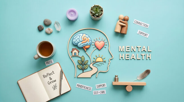 Flat lay with selfcare items promoting mindfulness, emotional support, and mental wellness.