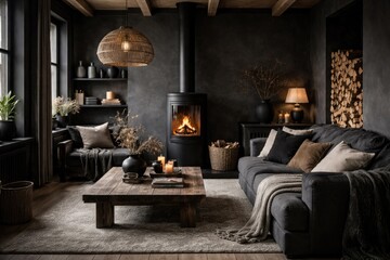 Naklejka premium Stylish Scandinavian black decor showcasing fireplace couch and stove in a mock up illustration