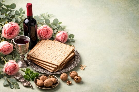 Kosher Passover essentials with matzah red wine walnuts and rose flowers on a light green textured background with copy space