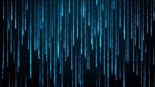Abstract Blue Digital Rain of Binary Code Falling on Dark Background