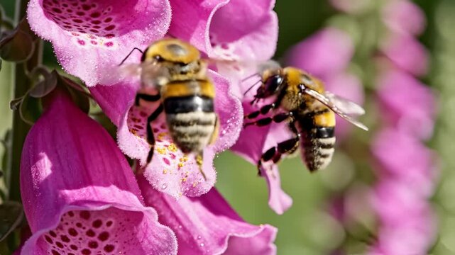 Closeup of two bees interacting with vibrant pink foxglove flowers in sunlight.
