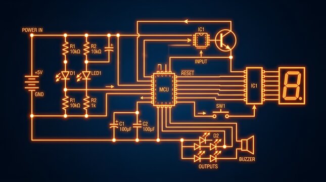 Digital Circuit Diagram with Microcontroller, LEDs, and Display