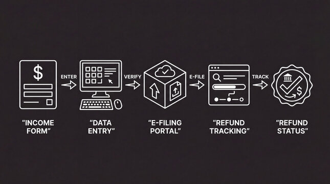 Tax filing process flowchart illustrating digital income declaration data entry e filing portal refund tracking and final status verification on dark background