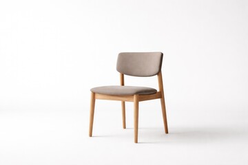Obraz premium Minimalist wooden seat with taupe upholstery set against white backdrop providing copy space