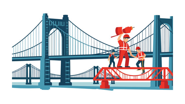 Building Bridges Together: Construction workers in hard hats and safety vests work collaboratively to build a bridge, symbolizing progress and connection in a metropolitan setting.