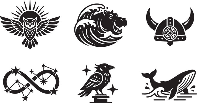 Collection of vector icons: owl wave viking helmet infinity raven whale with infinity symbol