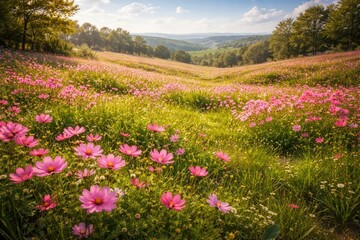 Obraz premium Wide grassy expanse covered in vivid pink flowers and healthy green growth