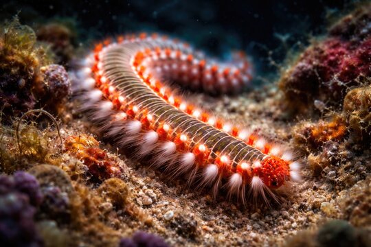 Macro photography capturing venomous fireworms on marine seabed during dive