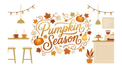 Obraz premium Autumn Welcome: A warm and inviting graphic design celebrating the cozy spirit of pumpkin season, featuring decorative elements like pumpkins, autumn leaves, and string lights.