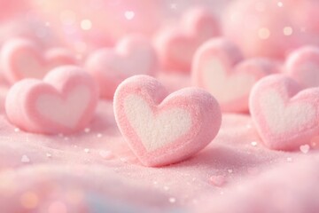 Fototapeta premium Pastel soft background with pink heart marshmallow symbolizing romance