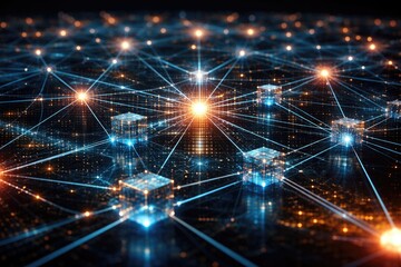 Fototapeta premium Conceptual blockchain structure featuring connected dots over internet theme