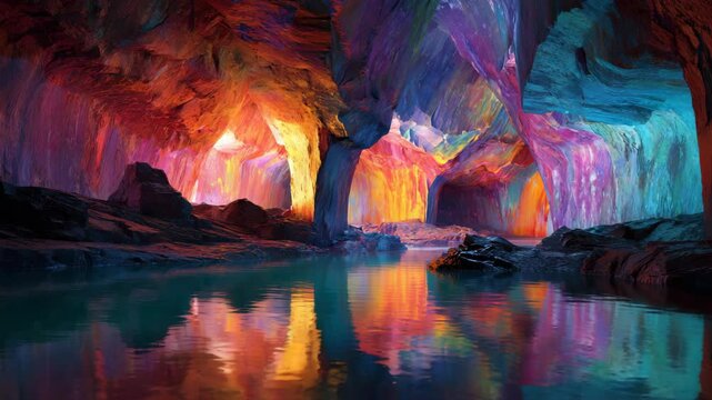 Colorful glowing cave with water reflections