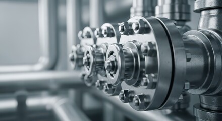Fototapeta premium Detailed view of industrial metal valves and piping system in a manufacturing facility