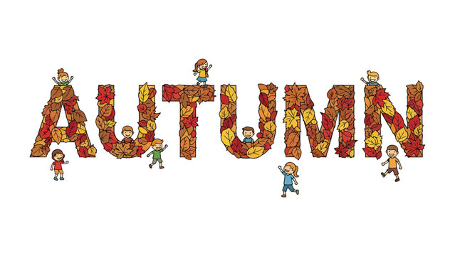 Autumn in Bloom: The word AUTUMN beautifully rendered in autumnal leaves, with playful children interacting with the vibrant, seasonal display.