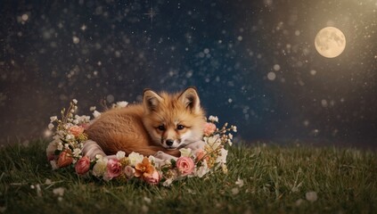Obraz premium Adorable fox nestled in blossom wreath on grassy ground beneath sparkling night sky for boho style baby theme