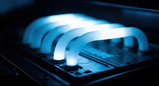 Glowing blue liquid cooling tubes in a high-performance computer system