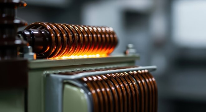 Glowing Copper Coil Transformer Component in Industrial Setting