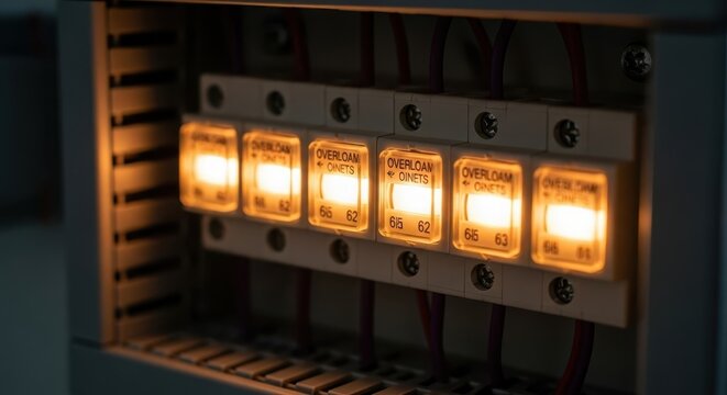 Illuminated electrical circuit breakers with overload indicators glowing warm orange in a control panel