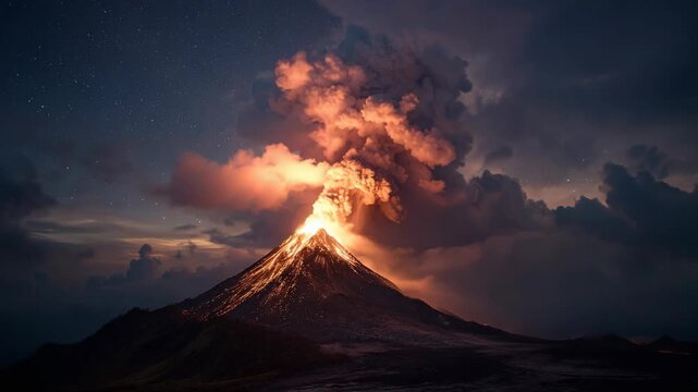 Erupting volcano with ash clouds under night sky