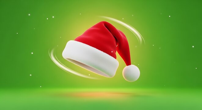 Red santa hat levitating over a vibrant green background