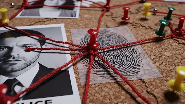 Detective Investigation Board with Photos and String Connections.