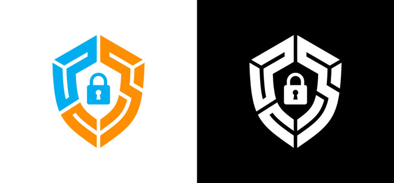 Vector design of a shield-shaped padlock, iconic and perfect for a security company logo. Geometric emblem suitable for cyber security business branding. Bold color contrast.