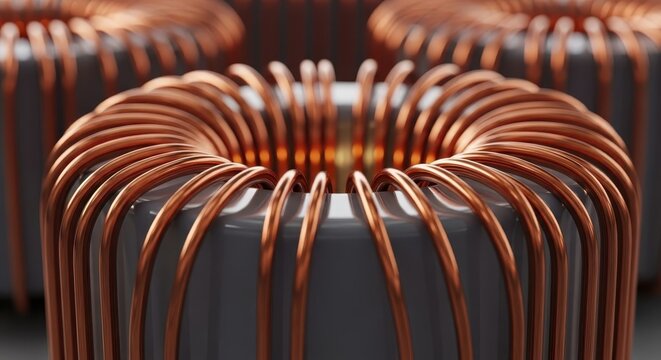 Macro detail of a copper coil inductor, showcasing intricate wire windings and electrical component design