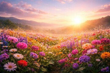 Fototapeta premium Radiant flower landscape glowing with vibrant hues beneath a tranquil sky and copy space