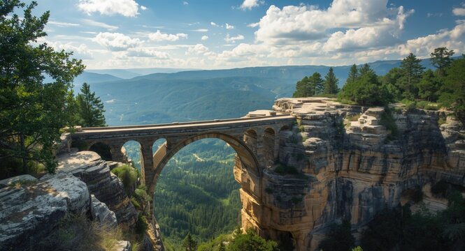 Awe inspiring scenic overlook of a majestic natural stone bridge with expansive views