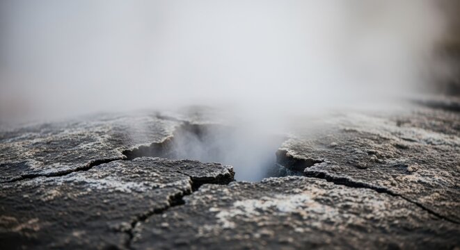 Steam rising from a cracked geothermal vent in rocky terrain