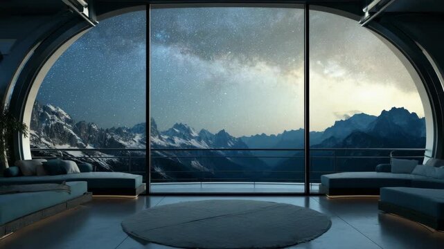 Futuristic lounge overlooking snowy mountains and starry sky