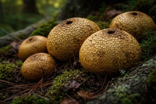 Zoomed close up of multiple common earthballs fungi with rugged caps in wild forest habitat