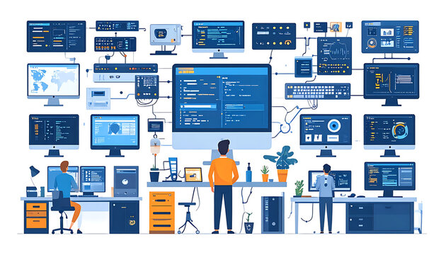 Modern office interior with multiple computer screens displaying code and data, showing teamwork and programming environment, technology hub, digital workspace